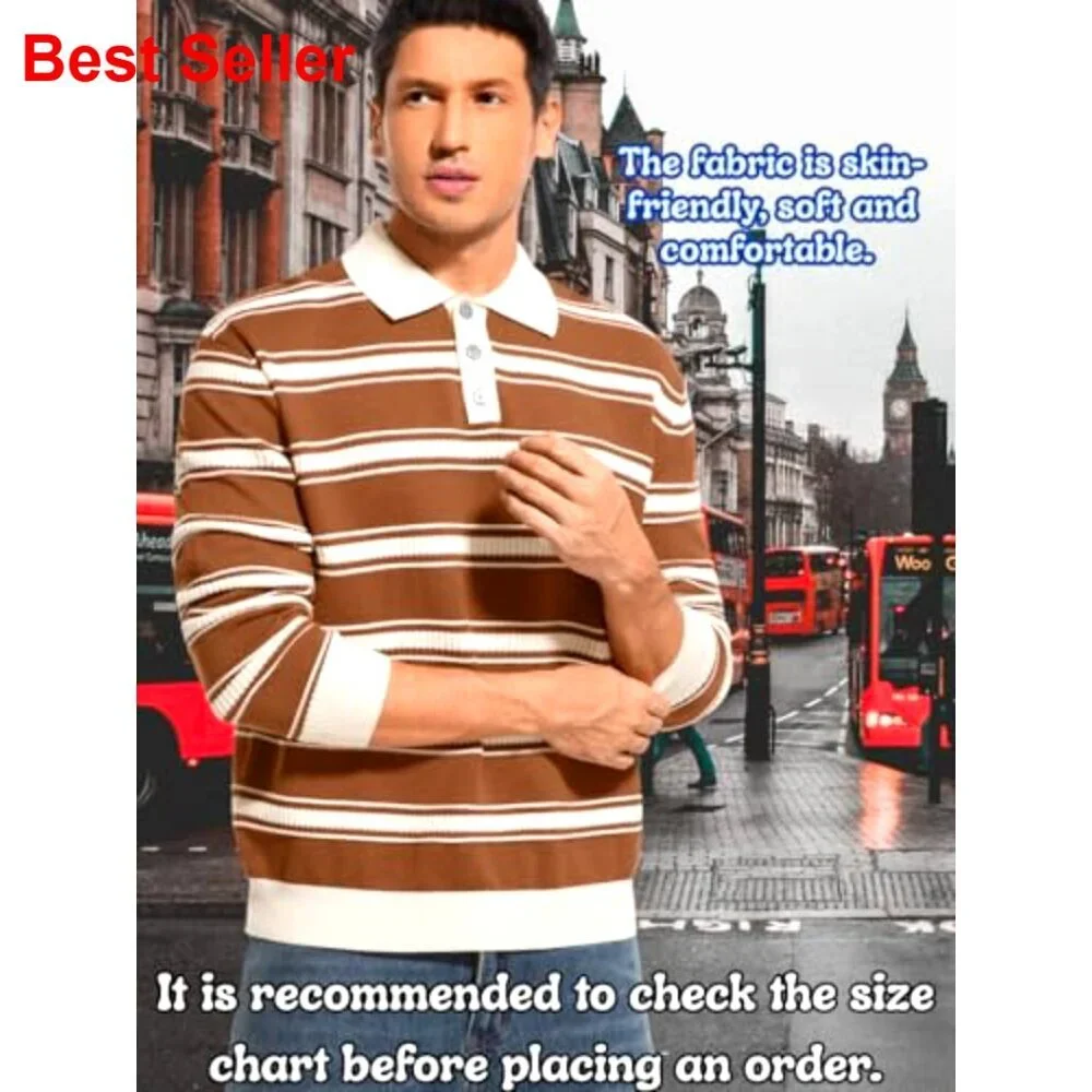 Men's Striped Long Sleeve Polo Sweater, Lightweight Knit Pullover